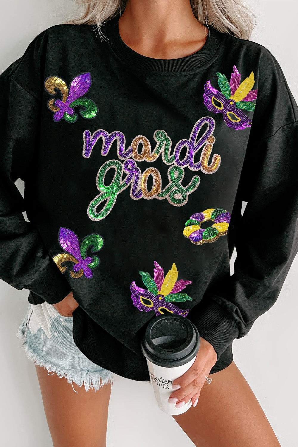 MARDI GRAS Sequin Round Neck Sweatshirt by Trendsi