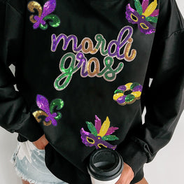 MARDI GRAS Sequin Round Neck Sweatshirt by Trendsi