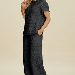 Double Take Full Size Texture Round Neck Short Sleeve Top and Pants Set by Trendsi