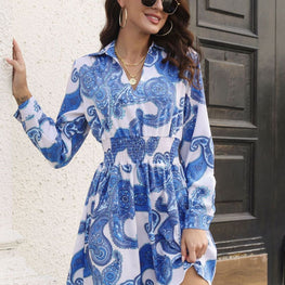 Paisley Print Johnny Collar Smocked Dress by Trendsi