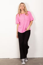 VERY J Twisted Sleeve Band Half Button Top by Trendsi