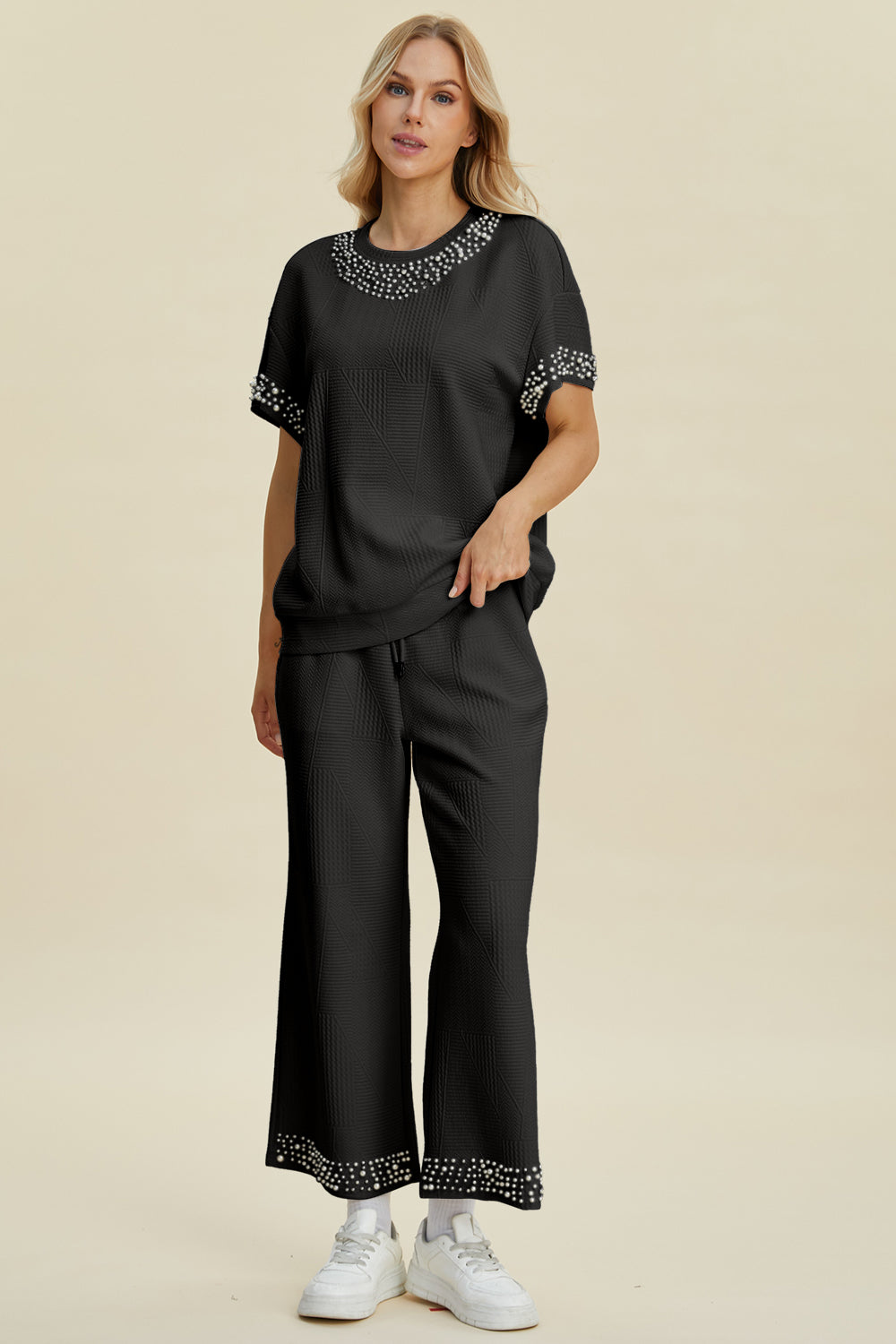 Double Take Full Size Pearl Detail Round Neck Top and Pants Set by Trendsi