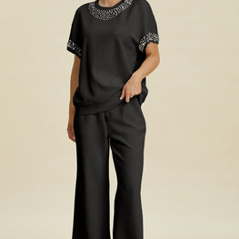 Double Take Full Size Pearl Detail Round Neck Top and Pants Set by Trendsi