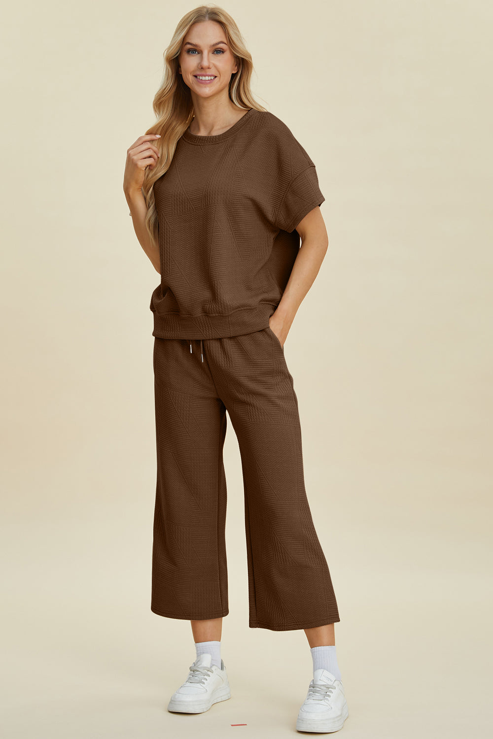 Double Take Full Size Texture Round Neck Top and Pants Set by Trendsi