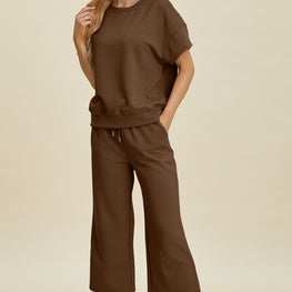 Double Take Full Size Texture Round Neck Top and Pants Set by Trendsi