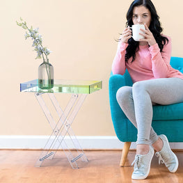 Acrylic Iridescent Coffee Table, Folding Tray End Table, Modern Chic Accent Desk-Living Room,Bedroom And Bar Serving20x14 Inch,24 Inch High by fashioncafee.com