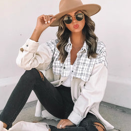 Casual Lapel Long Sleeve Pocket Plaid Splicing Corduroy Women's Jacket by fashioncafee.com