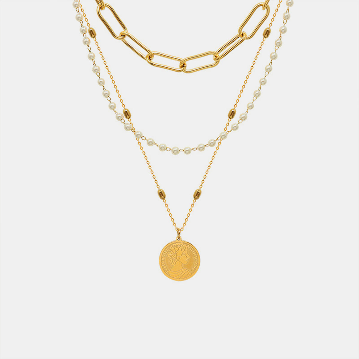 Synthetic Pearl Titanium Steel Three-Layered Necklace by Trendsi