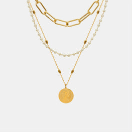 Synthetic Pearl Titanium Steel Three-Layered Necklace by Trendsi