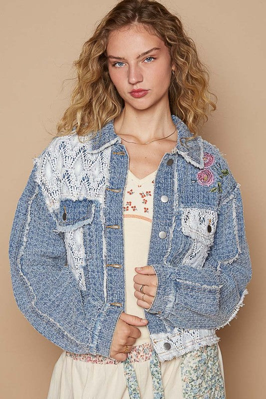 POL Crochet Patch Embroidered Button Up Jacket by Trendsi