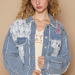 POL Crochet Patch Embroidered Button Up Jacket by Trendsi