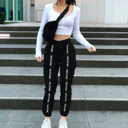 Ribbon stitching alphabet casual pants by fashioncafee.com