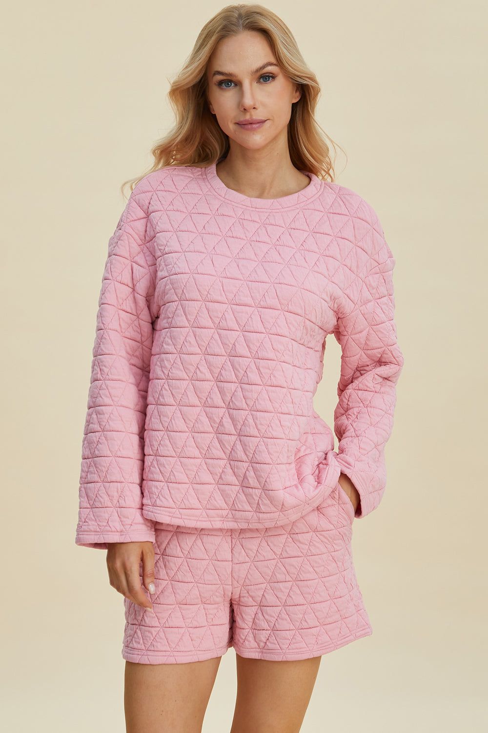 Double Take Full Size Texture Round Neck Long Sleeve Top and Shorts Set by Trendsi