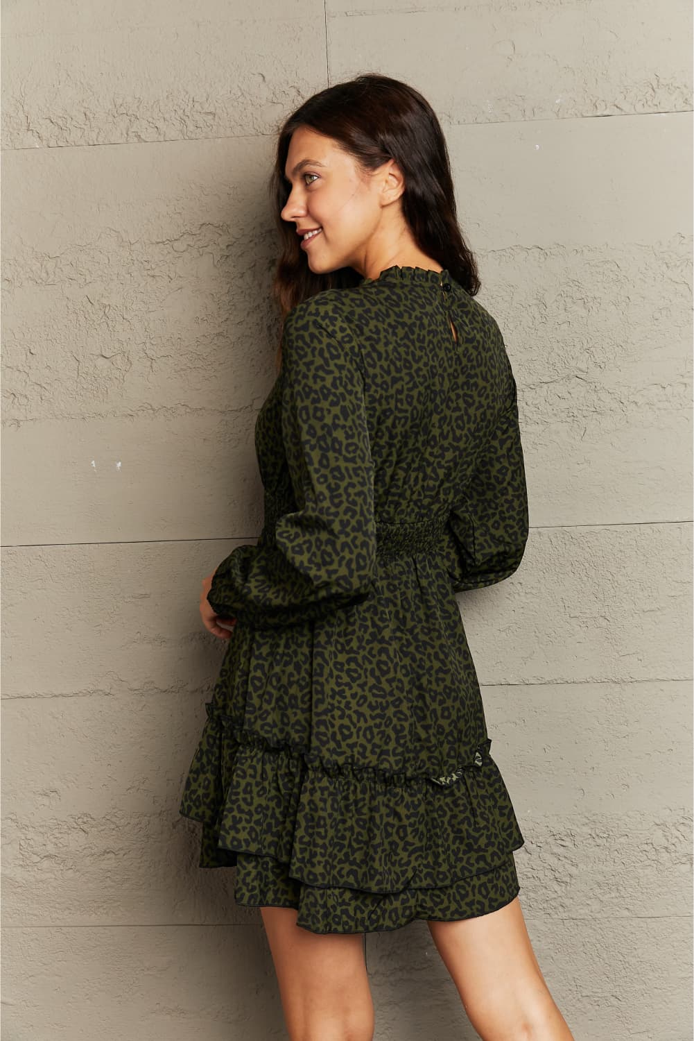 Honey Leopard Smock Waist Long Sleeve Dress by Trendsi