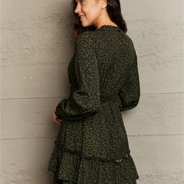 Honey Leopard Smock Waist Long Sleeve Dress by Trendsi
