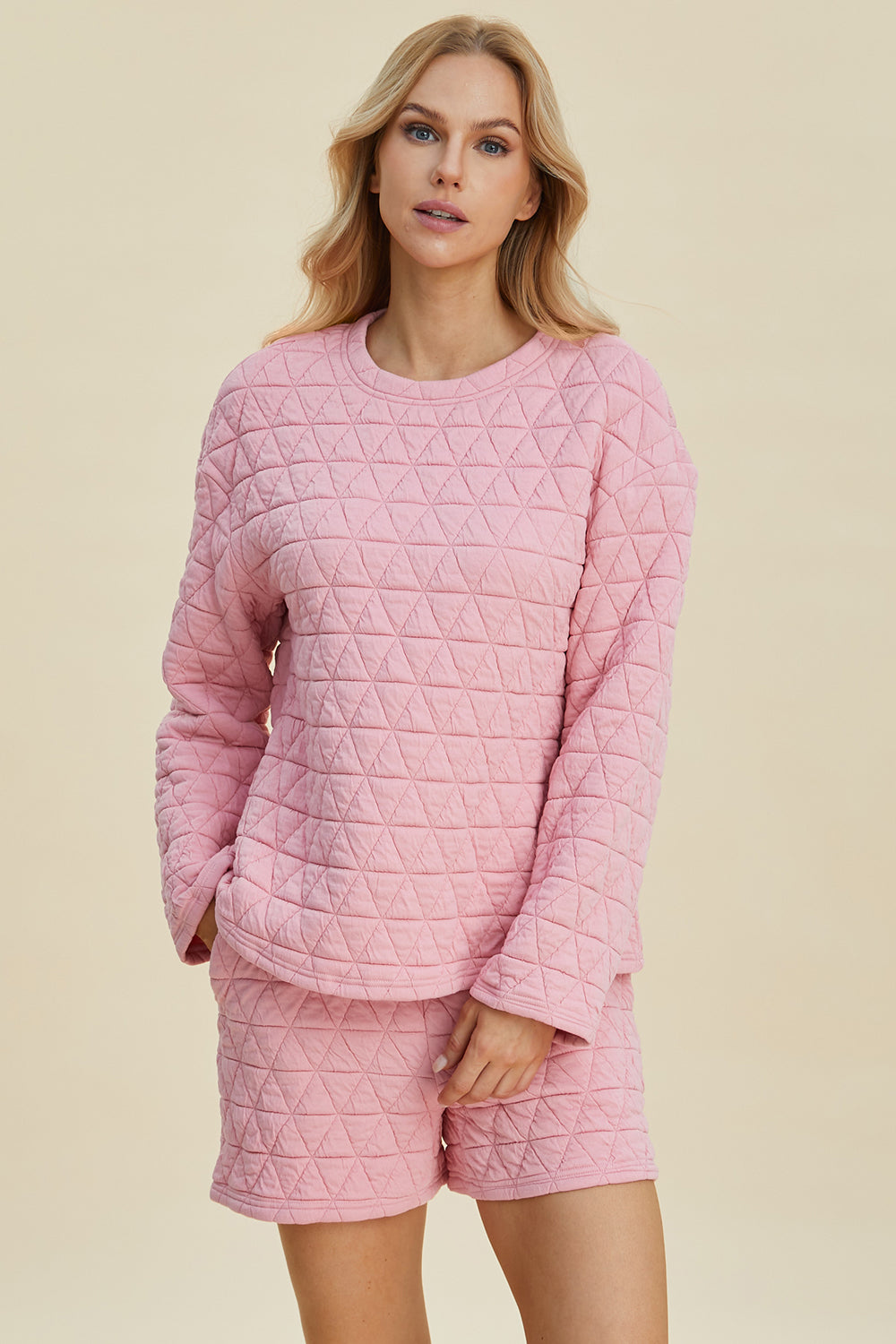 Double Take Full Size Texture Round Neck Long Sleeve Top and Shorts Set by Trendsi