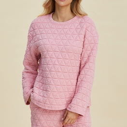 Double Take Full Size Texture Round Neck Long Sleeve Top and Shorts Set by Trendsi