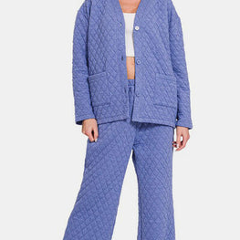 Quilted Button Up Long Sleeve Top and Pants Lounge Set by Trendsi