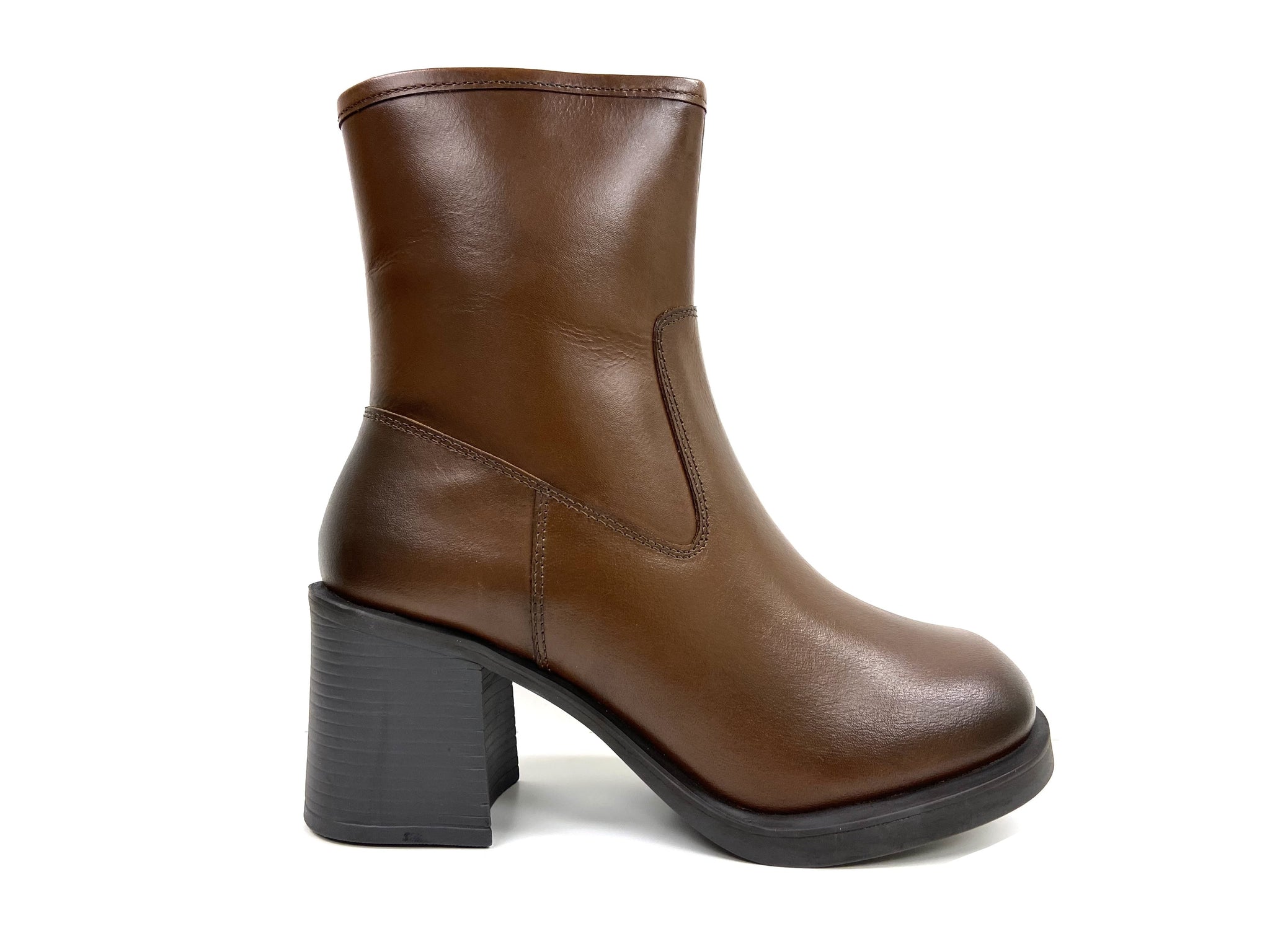 Lyla Cognac Square Block Heel Zip Boot by oobash / Buddify