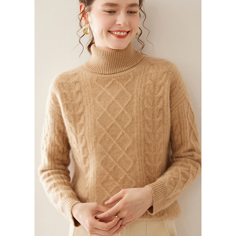 Women's High Lapel Cashmere Loose Lazy Sweater Three-strand Thickened Knitting Bottoming Shirt Top by Dropship man