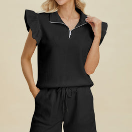 Double Take Full Size Texture Flounce Sleeve Top and Shorts Set by Trendsi
