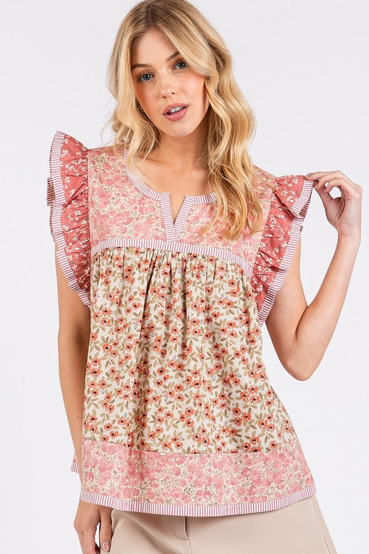 Mittoshop Floral Notched Ruffled Cap Sleeve Blouse by Trendsi