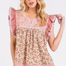 Mittoshop Floral Notched Ruffled Cap Sleeve Blouse by Trendsi