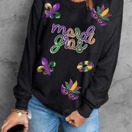 MARDI GRAS Sequin Round Neck Sweatshirt by Trendsi