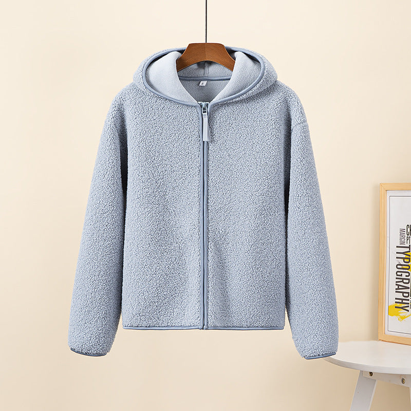 Autumn And Winter Faux Cashmere Polar Fleece Zipper Hooded Long Sleeve by Dropship man