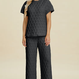 Double Take Full Size Texture Round Neck Short Sleeve Top and Pants Set by Trendsi