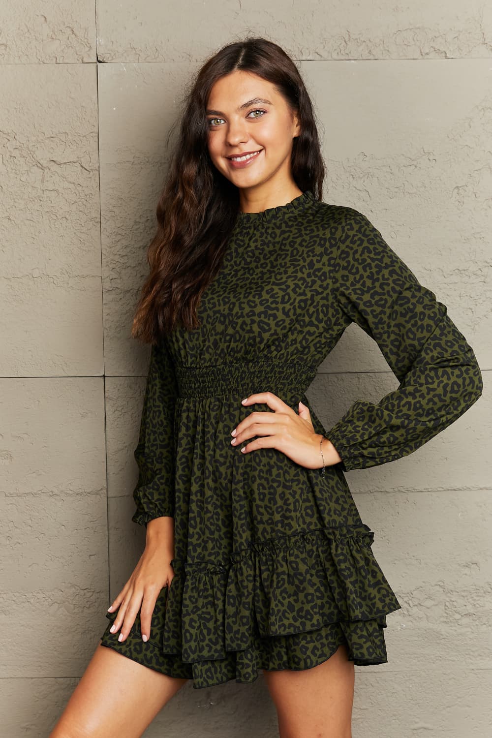 Honey Leopard Smock Waist Long Sleeve Dress by Trendsi