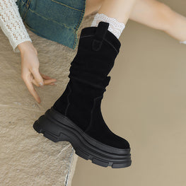 Thick-soled Round-toe Frosted Pleated Pile Style Boots by Dropship man