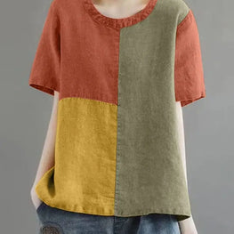 Women Patchwork Blouse 2024 Summer Short Sleeve Tunics Fashion Round Neck Shirts Casual Loose Holiday Cotton Linen Tops