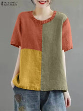 Women Patchwork Blouse 2024 Summer Short Sleeve Tunics Fashion Round Neck Shirts Casual Loose Holiday Cotton Linen Tops