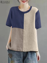 Women Patchwork Blouse 2024 Summer Short Sleeve Tunics Fashion Round Neck Shirts Casual Loose Holiday Cotton Linen Tops by Zanzae / Dsers