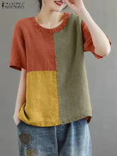 Women Patchwork Blouse 2024 Summer Short Sleeve Tunics Fashion Round Neck Shirts Casual Loose Holiday Cotton Linen Tops