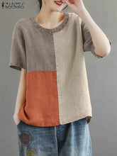 Women Patchwork Blouse 2024 Summer Short Sleeve Tunics Fashion Round Neck Shirts Casual Loose Holiday Cotton Linen Tops