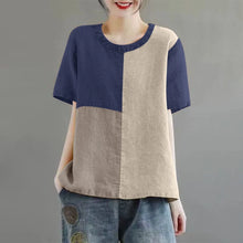 Women Patchwork Blouse 2024 Summer Short Sleeve Tunics Fashion Round Neck Shirts Casual Loose Holiday Cotton Linen Tops