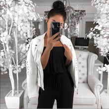 One-line neck slim short-sleeved stitching jumpsuit by Wiio