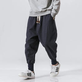 Cotton Linen Harem Pants Men Solid Elastic Waist Streetwear Joggers