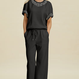 Double Take Full Size Pearl Detail Round Neck Top and Pants Set by Trendsi