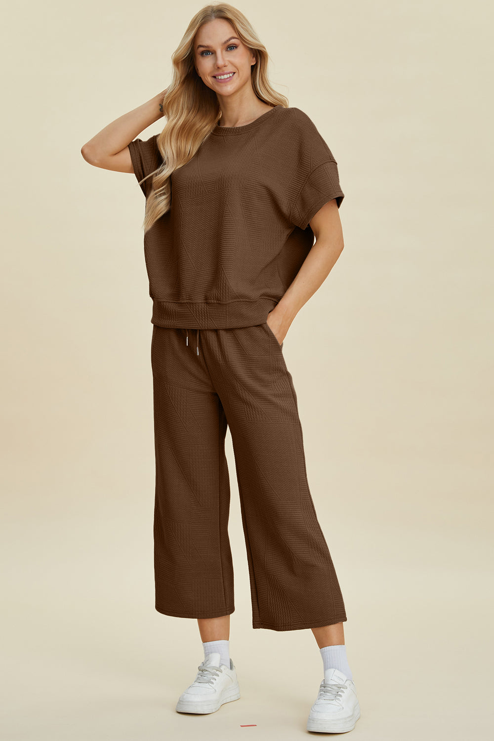 Double Take Full Size Texture Round Neck Top and Pants Set by Trendsi