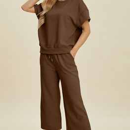 Double Take Full Size Texture Round Neck Top and Pants Set by Trendsi