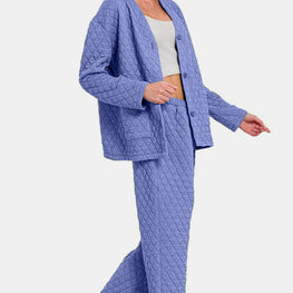 Quilted Button Up Long Sleeve Top and Pants Lounge Set by Trendsi
