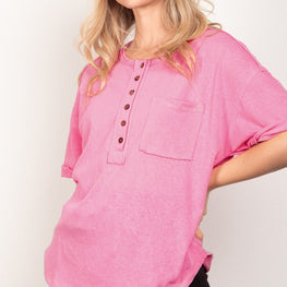 VERY J Twisted Sleeve Band Half Button Top by Trendsi