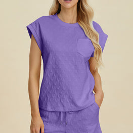 Double Take Full Size Pocketed Texture Round Neck Top and Shorts Set by Trendsi