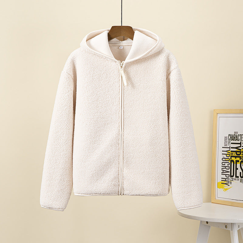 Autumn And Winter Faux Cashmere Polar Fleece Zipper Hooded Long Sleeve by Dropship man