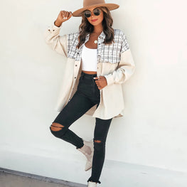 Casual Lapel Long Sleeve Pocket Plaid Splicing Corduroy Women's Jacket by fashioncafee.com