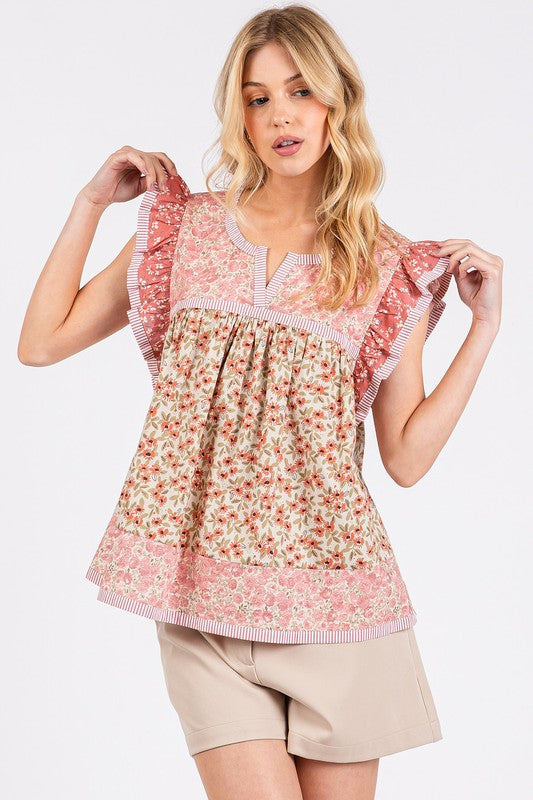 Mittoshop Floral Notched Ruffled Cap Sleeve Blouse by Trendsi