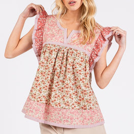 Mittoshop Floral Notched Ruffled Cap Sleeve Blouse by Trendsi
